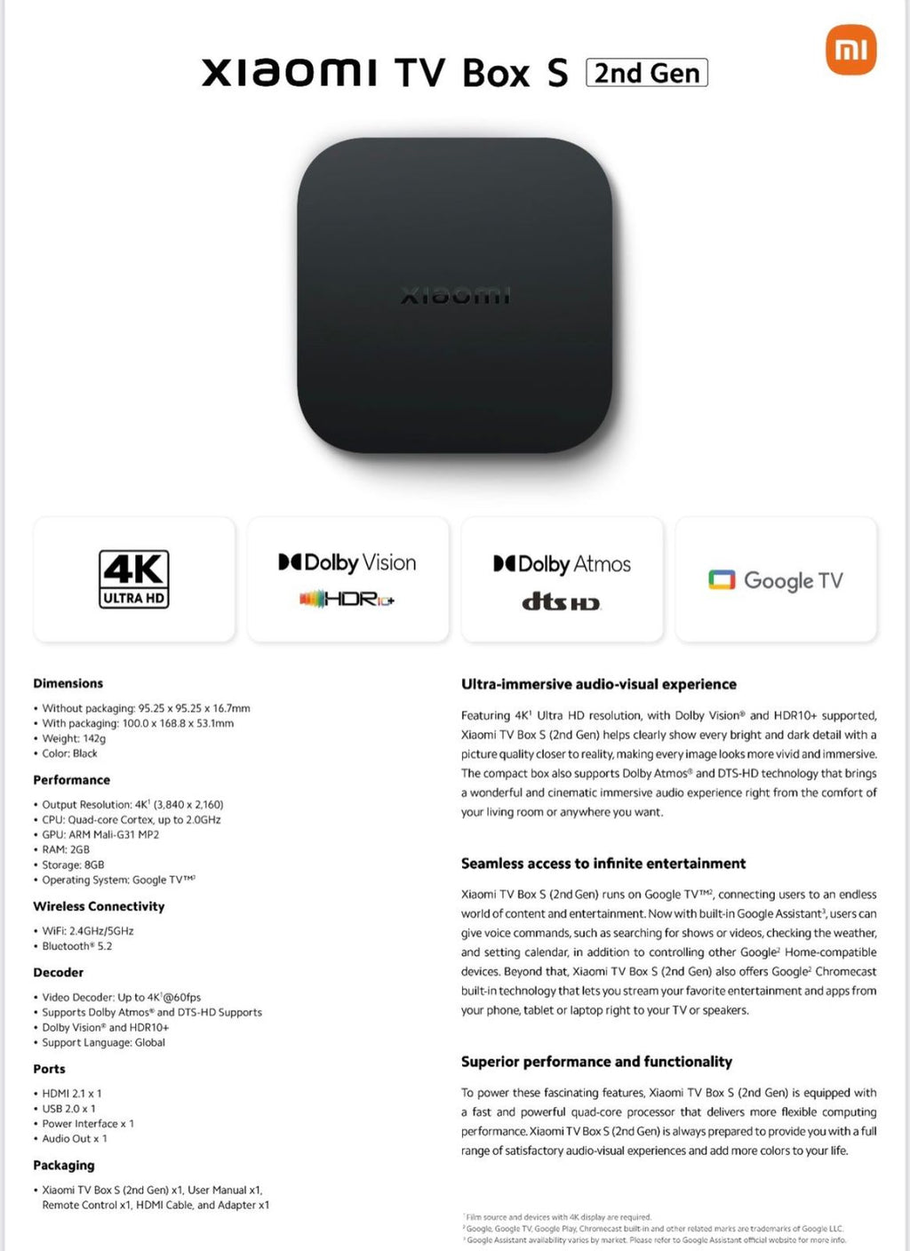  Xiaomi Mi Box S Android TV con Google Assistant Reproductor  multimedia de transmisión remota - Chromecast incorporado - 4K HDR - Wi-Fi  - 8 GB - Negro : Electrónica